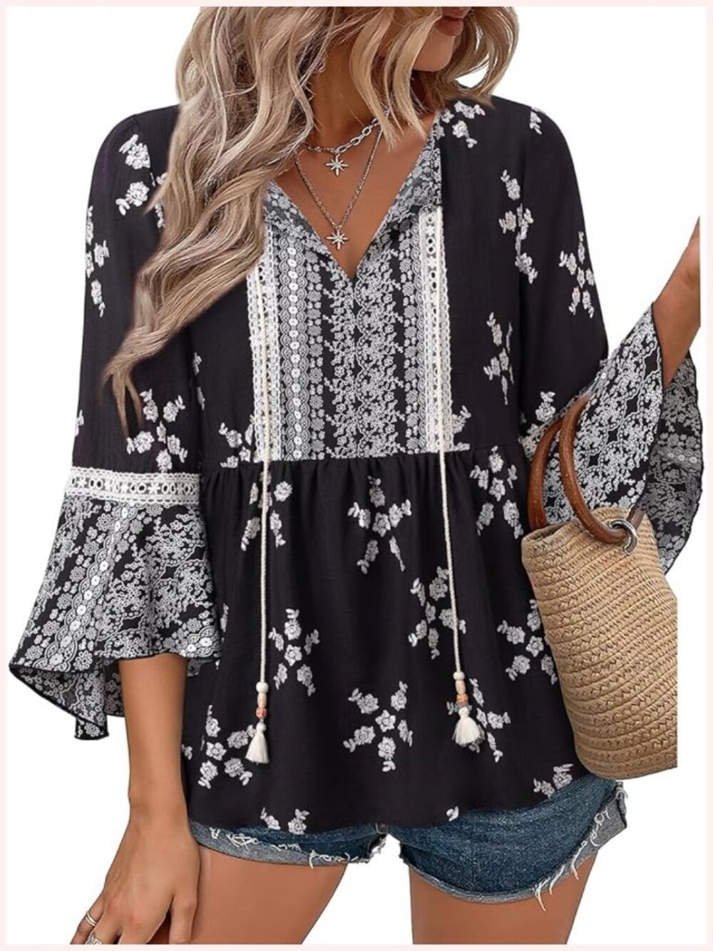 Boho Embroidered Lace V Neck Tunic Blouse 3/4 Sleeve Peasant Top Dressy Casual